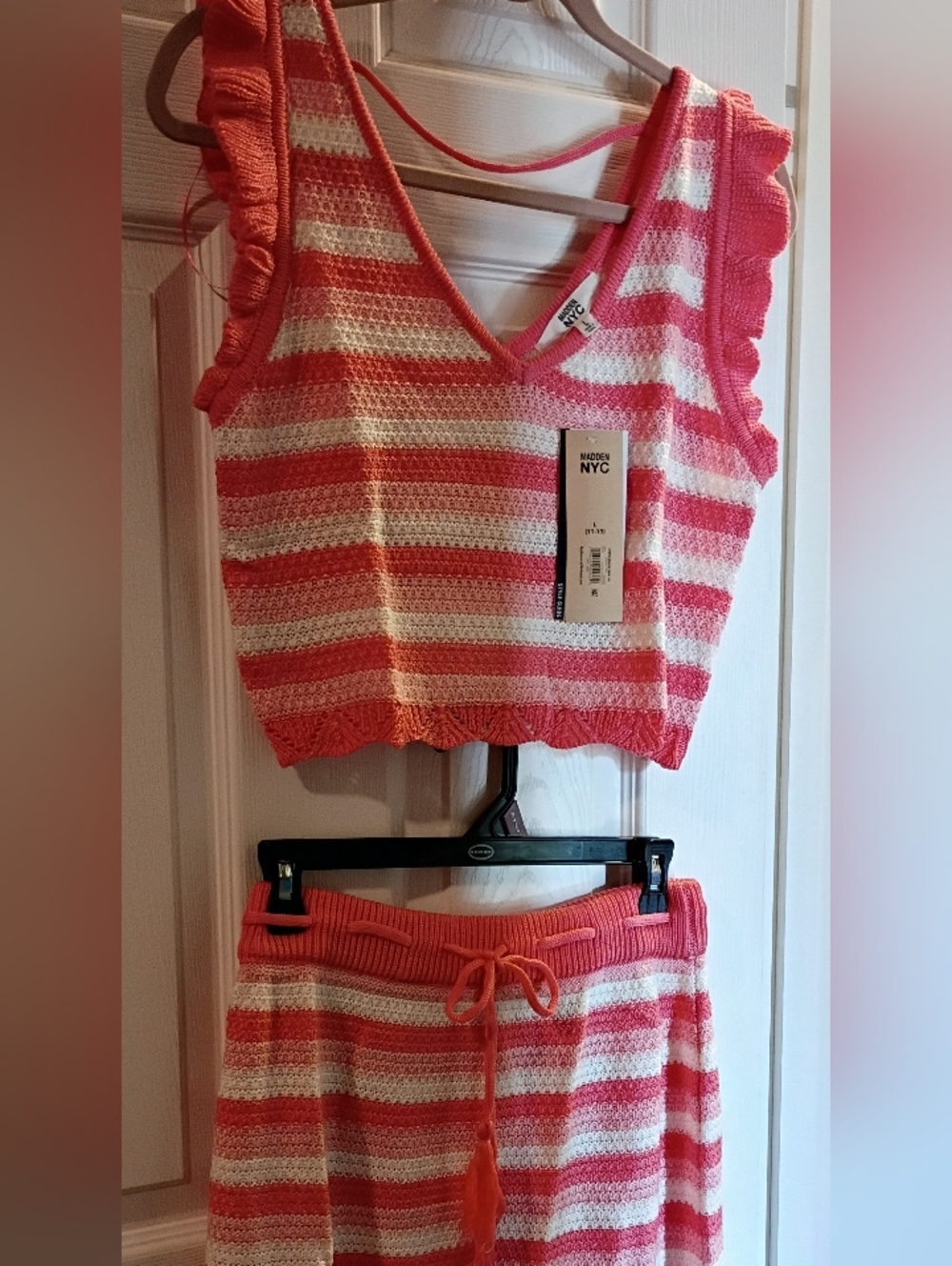 Madden NYC Women's Pink & White Striped Knit Skirt Set